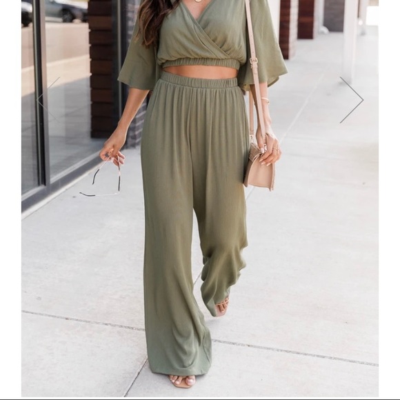 Pink Lily Pants - Women’s green wrap cropped blouse and pants